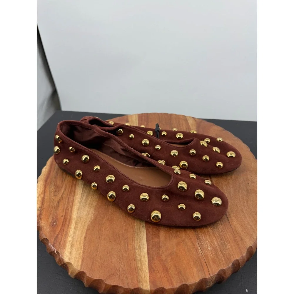 Zara suede Studded Ballet Flats Women 40 9 Burgundy Gold Dome Stud Embellished